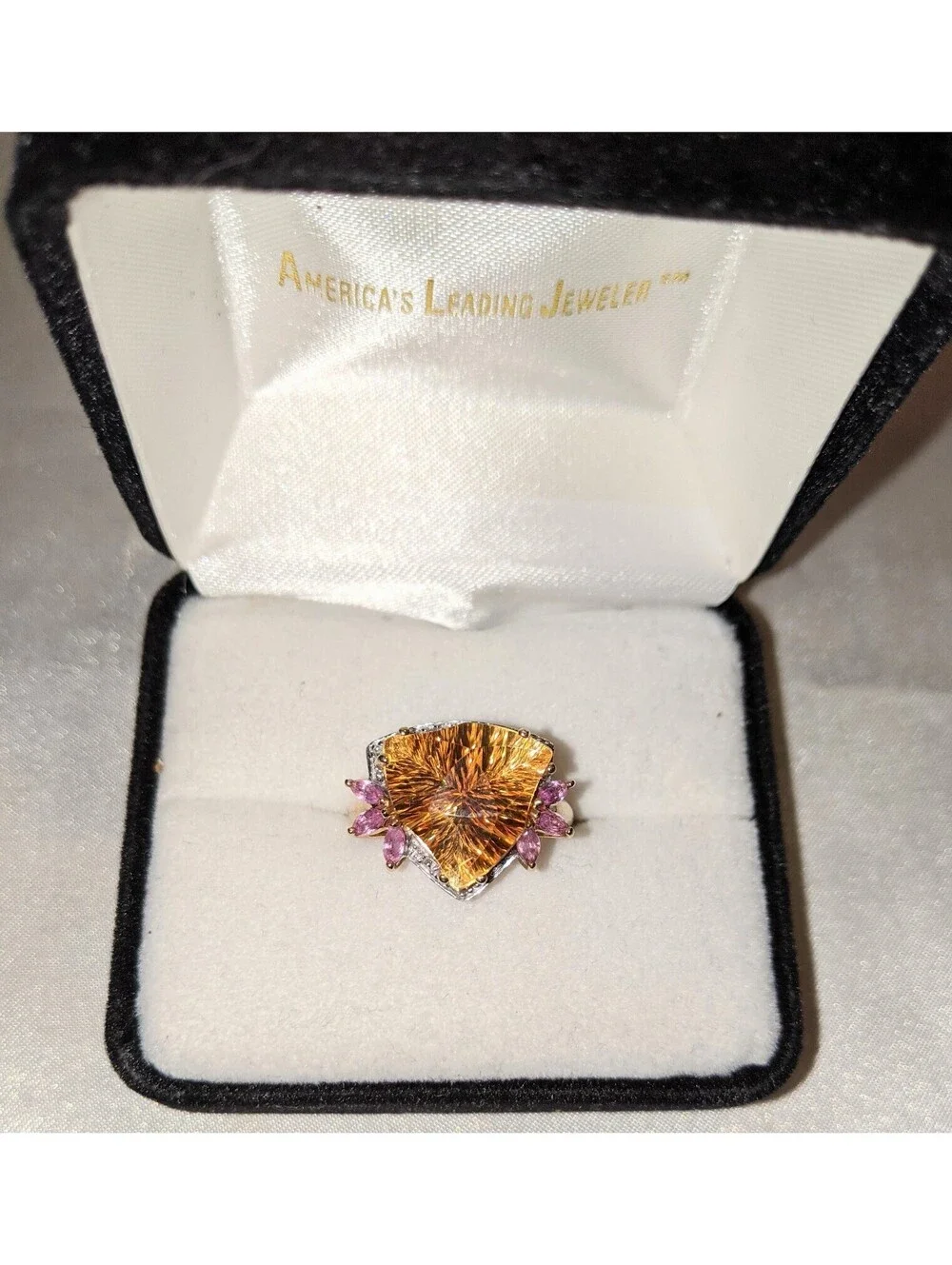 VTG Trillion Cut Citrine And Pink Tourmaline Fancy 10K Gold Cocktail Ring Size 8